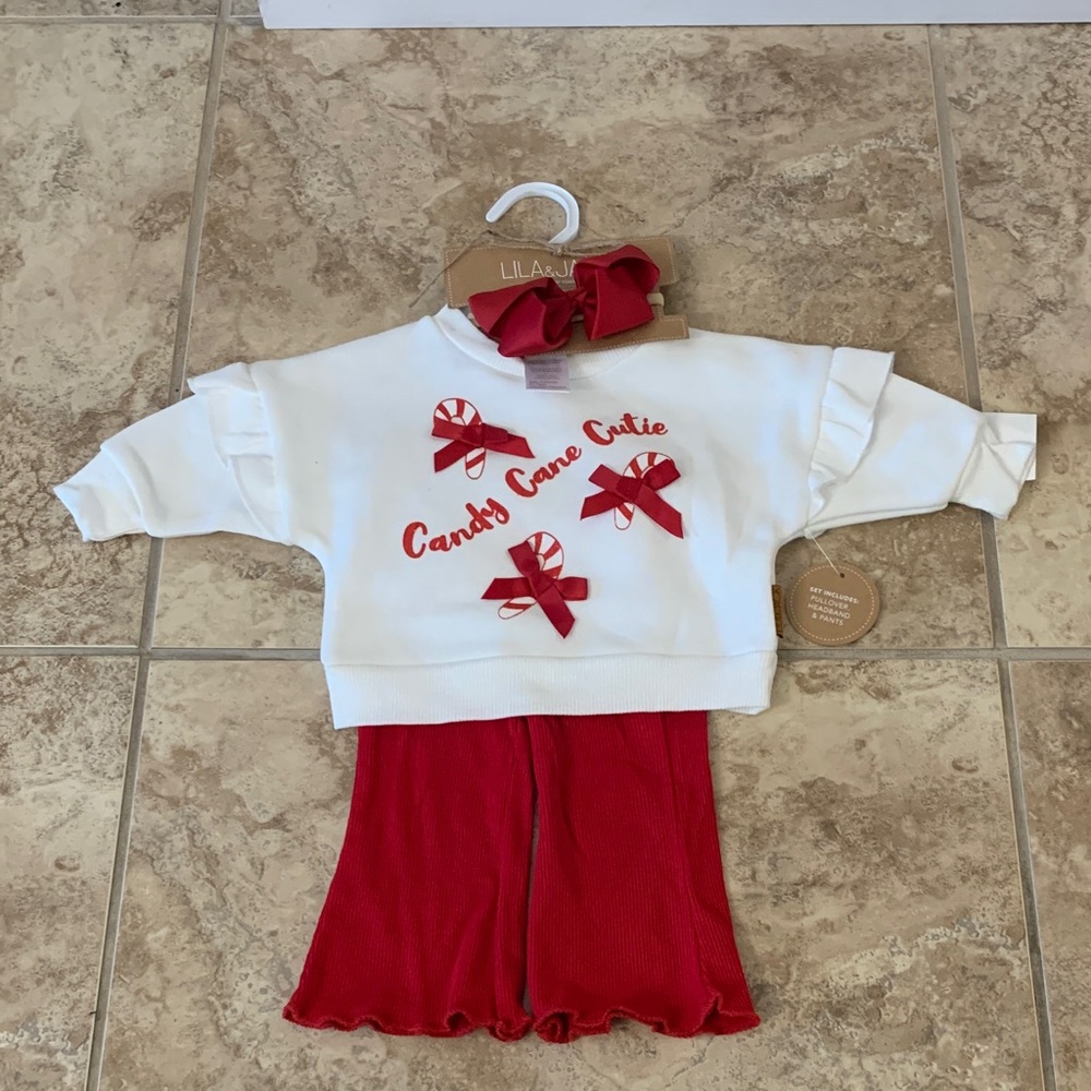Lila & Jack Girls 3-6 M Matching Set Candy Cane Cutie sweater pants bow NEW